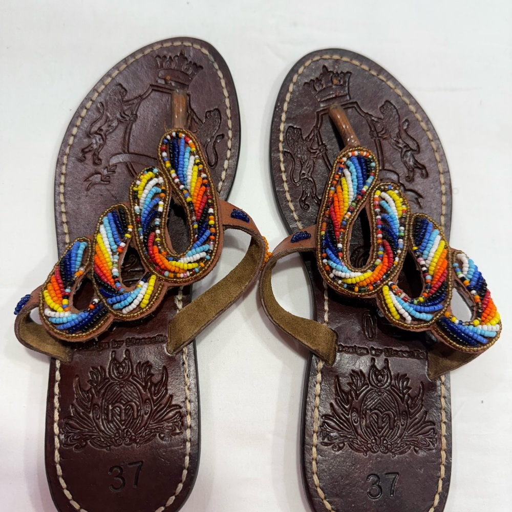 Beaded Brown Leather Thong Sandals with Multicolor Accents